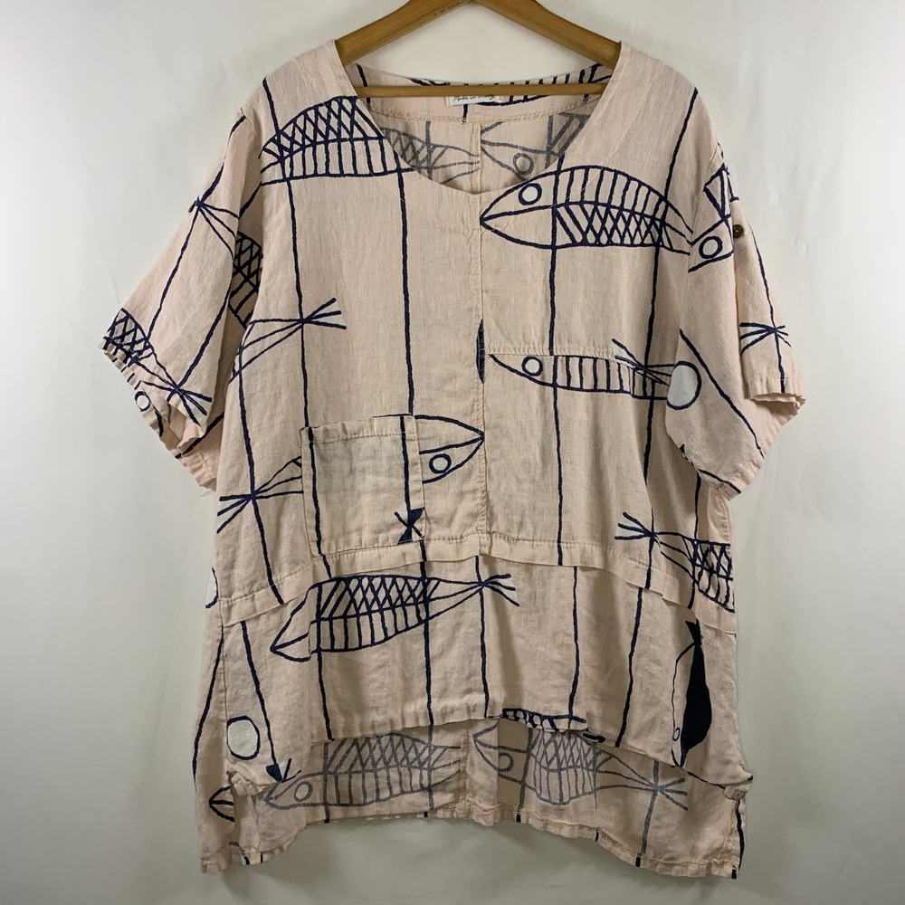 Made in Italy Womens Linen Lagenlook Tunic Top L/XL Relaxed Coastal Boho Resort